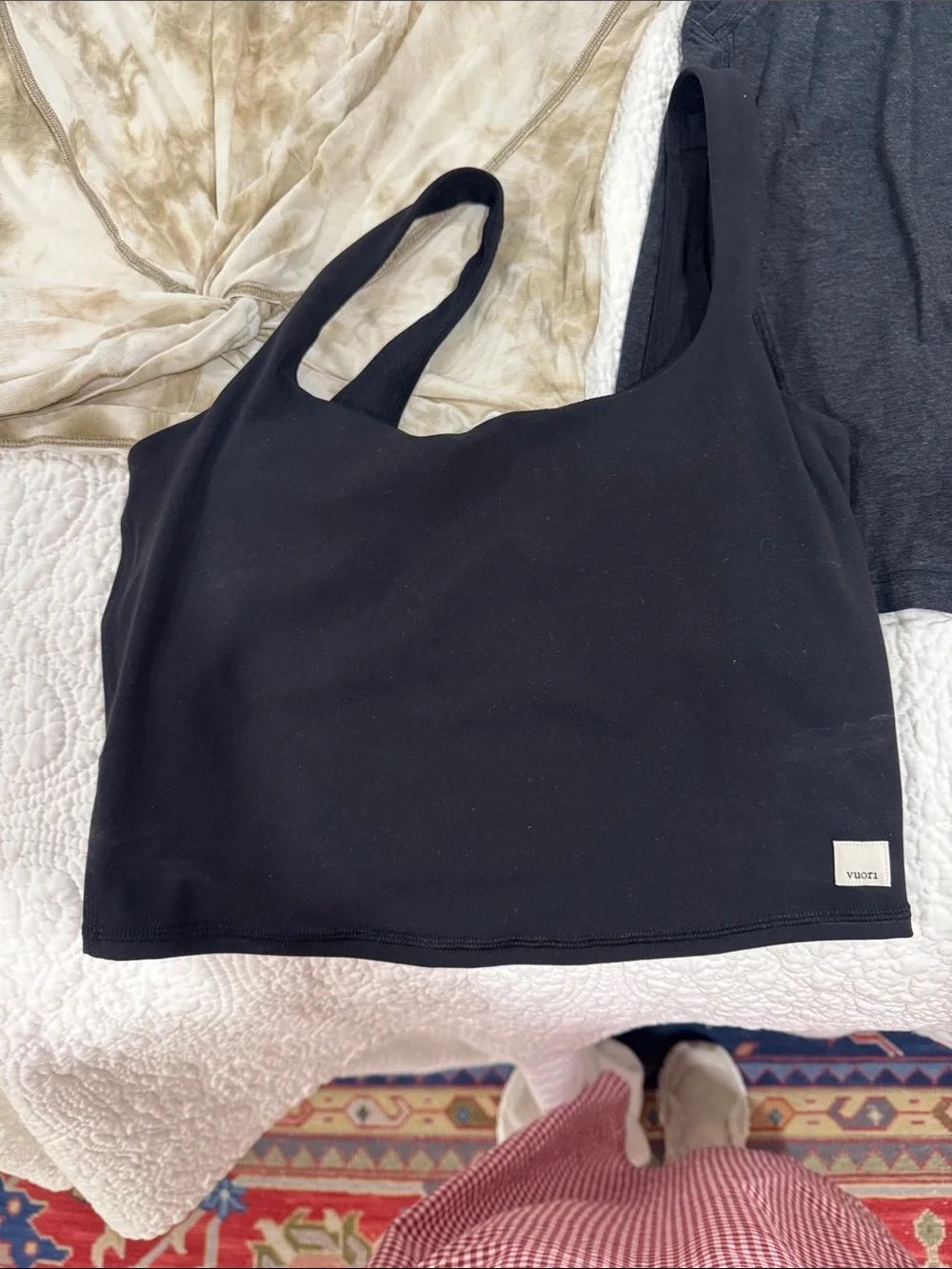 Vuori Black Cropped Tank with Neutral Tie-Dye Top and Charcoal Tank